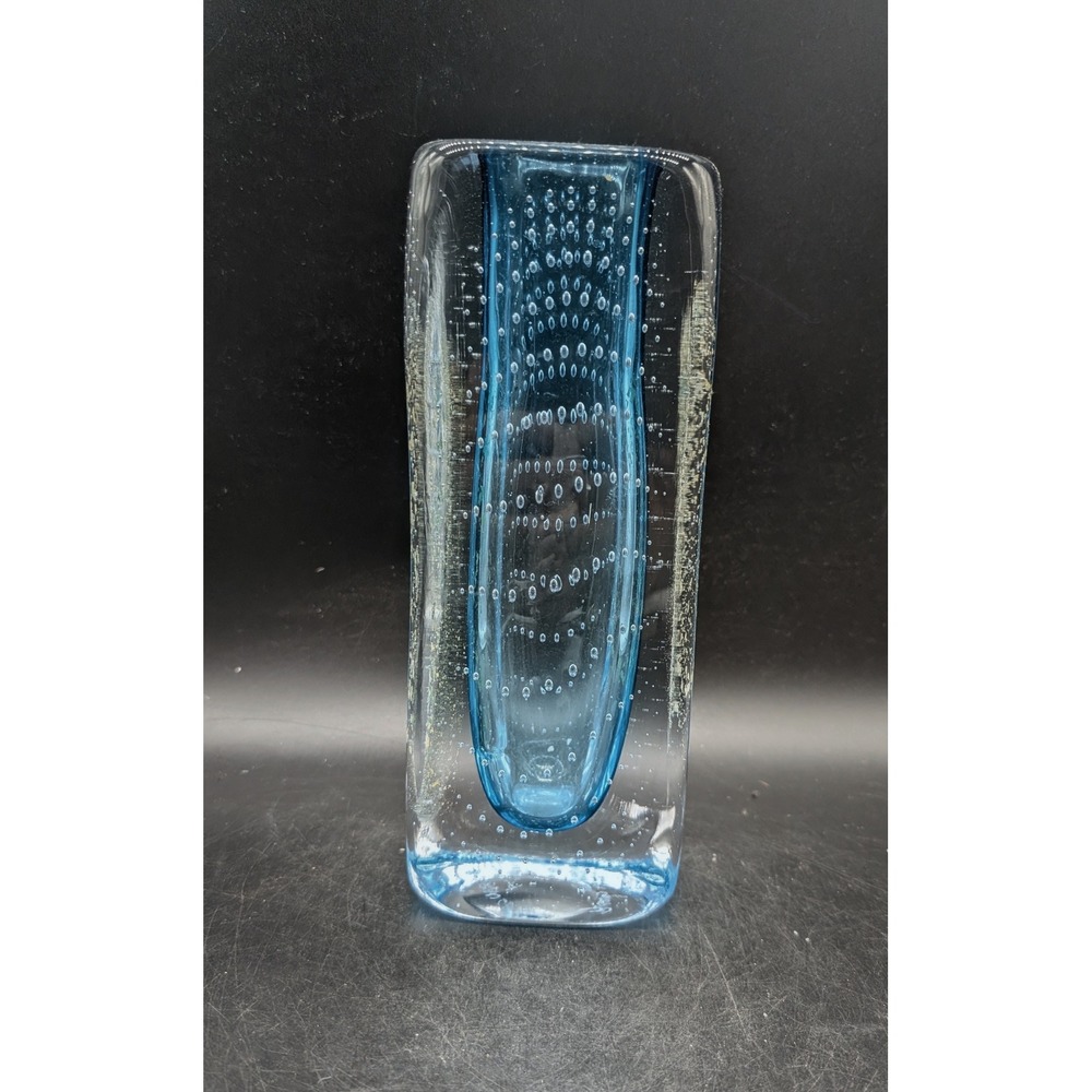 Biot France Art Glass Vase Blue Controlled Bubble Signed Rectangular Block MCM
